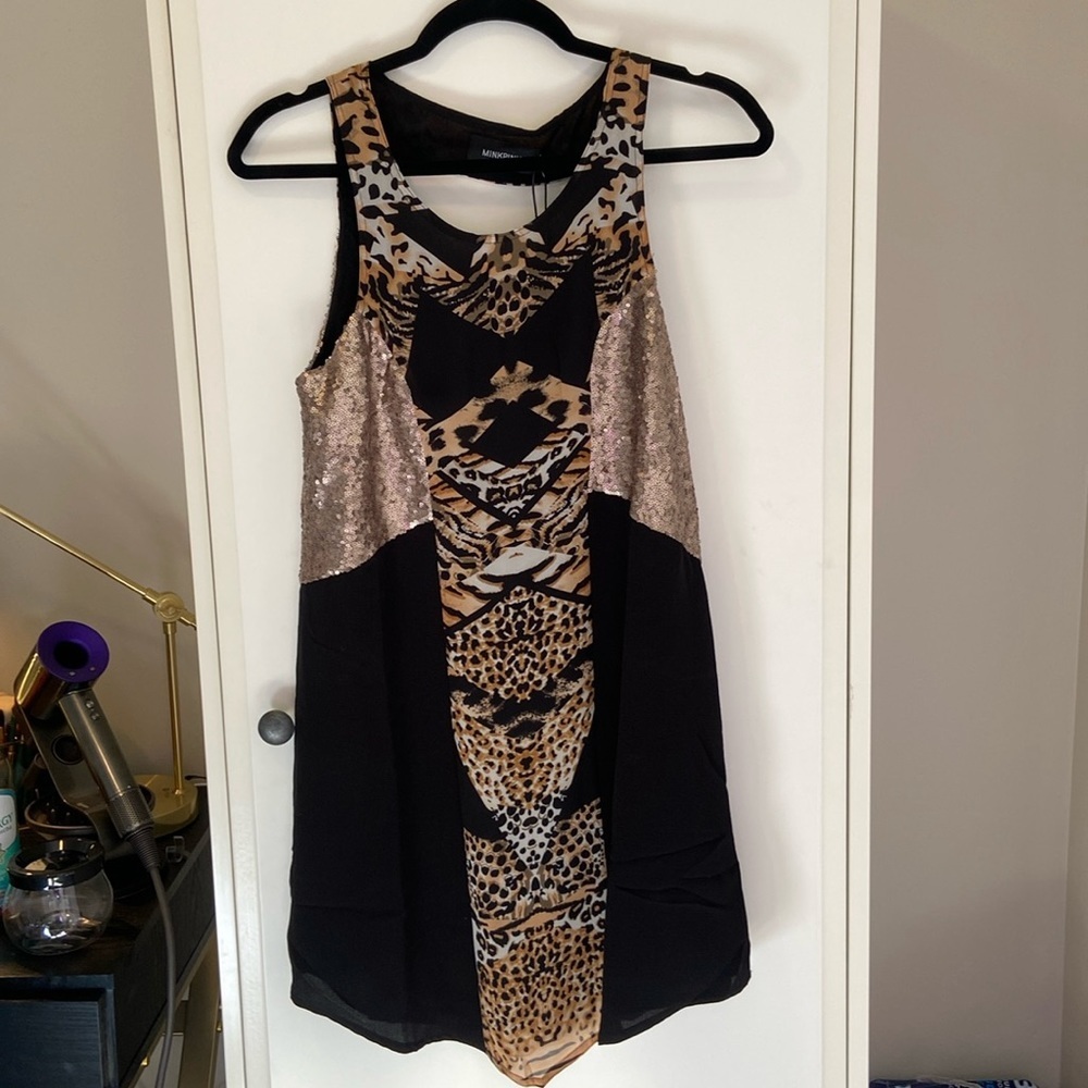 Minkpink dress leopard print, black, sequins